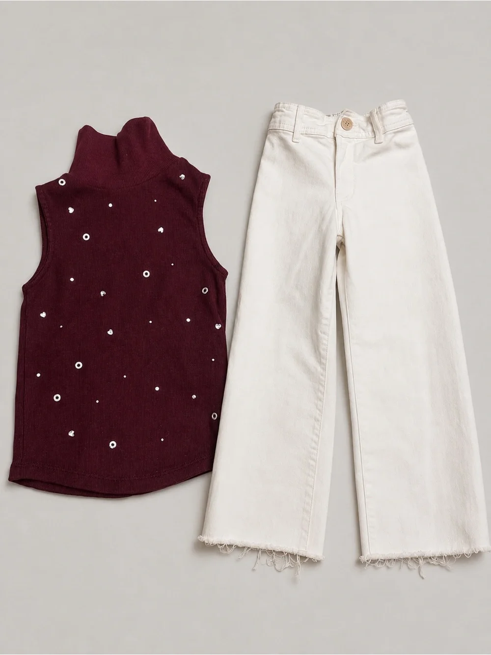 Zara Girls Burgundy Embellished Top & White Wide Leg Jeans Set SZ 6 Trendy EUC